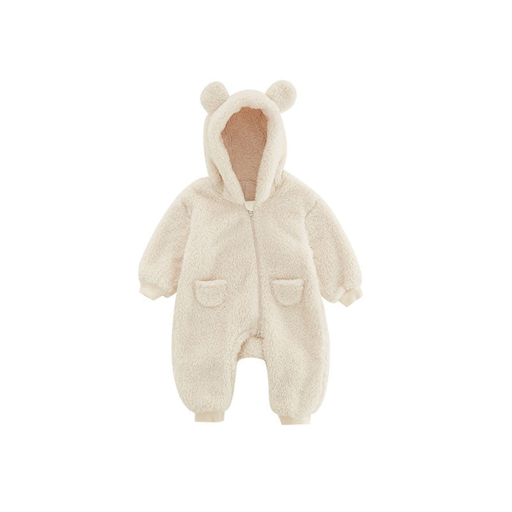 Plush fleece baby romper in a cute animal print design, warm winter baby clothes for toddlers & infants.
