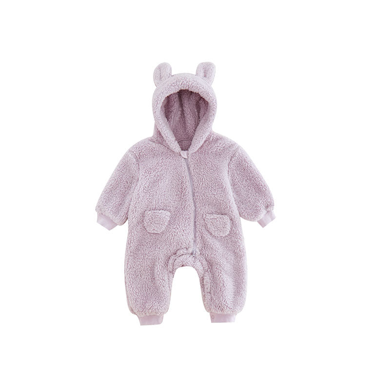 Ultra-soft animal print fleece baby onesie, warm and cozy infant outfit, perfect for cold weather.