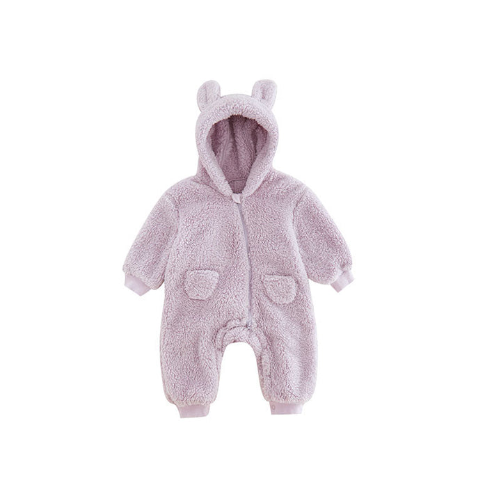 Ultra-soft animal print fleece baby onesie, warm and cozy infant outfit, perfect for cold weather.