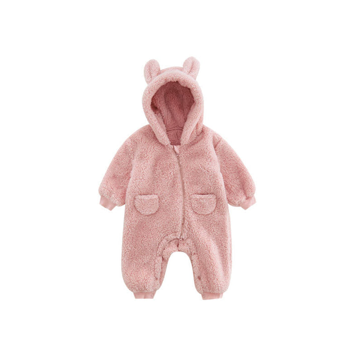 Adorable animal print baby fleece romper, a warm infant outfit and cozy baby onesie for winter comfort.