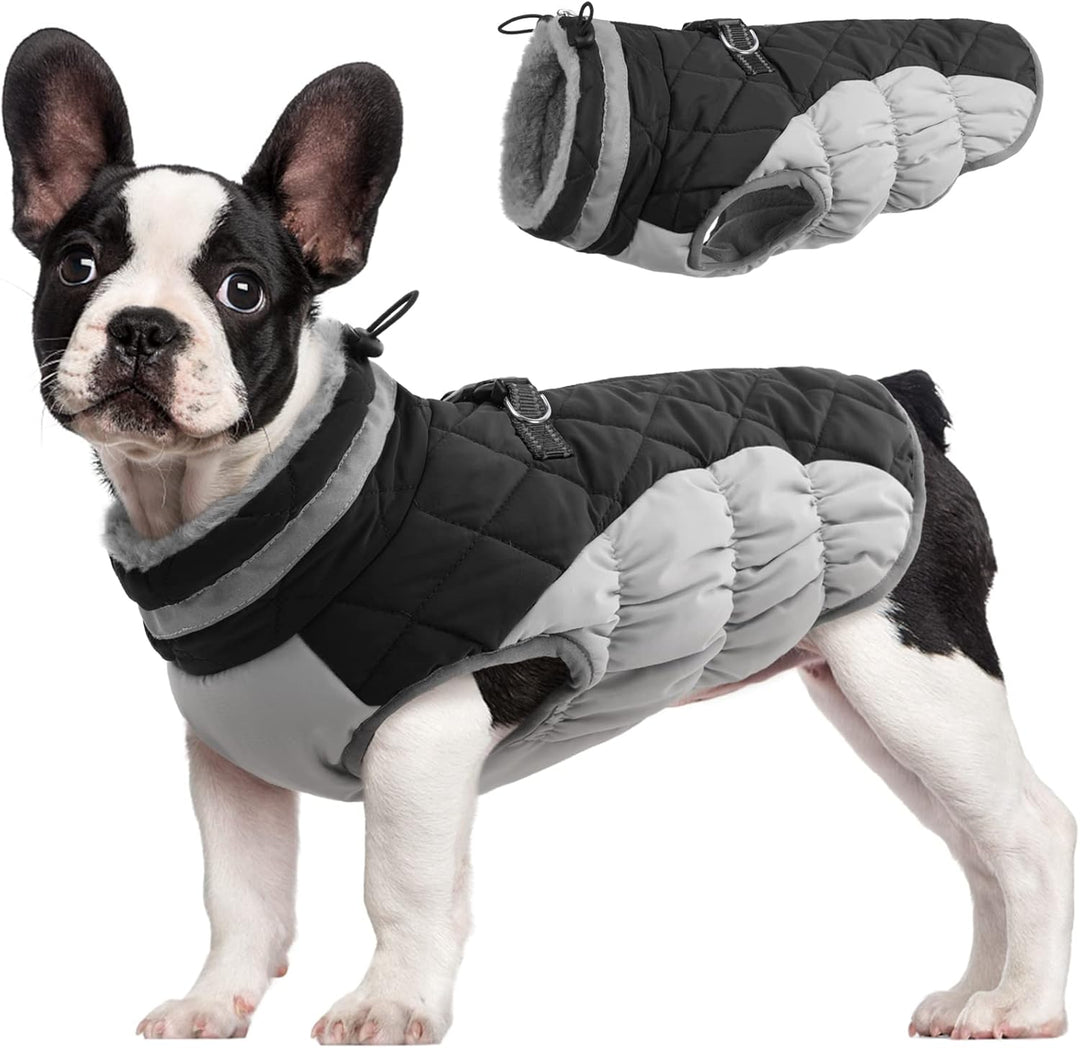 Cozy dog winter jacket, waterproof, reflective, with a convenient built-in harness.