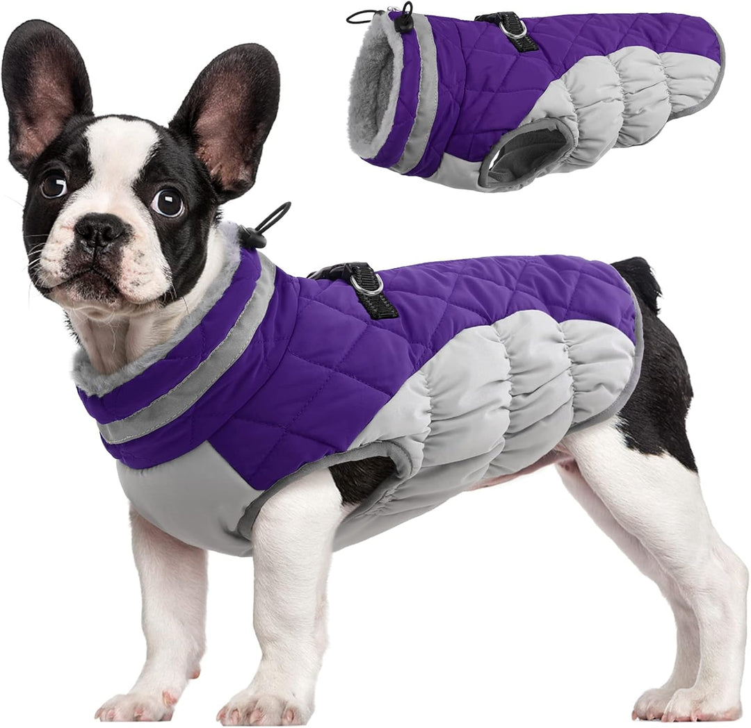 Reflective, waterproof dog winter coat for pet safety & warmth outdoors. Built-in harness.