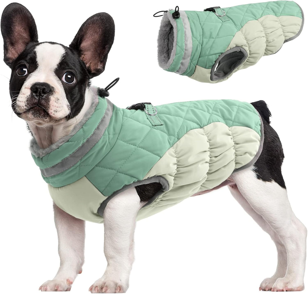 Durable pet apparel: warm dog coat with integrated harness for comfort and security in cold.