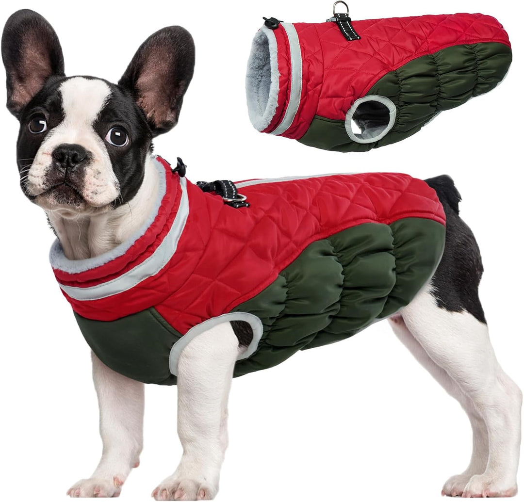 Warm & safe dog jacket, built-in harness, waterproof & windproof for winter walks.