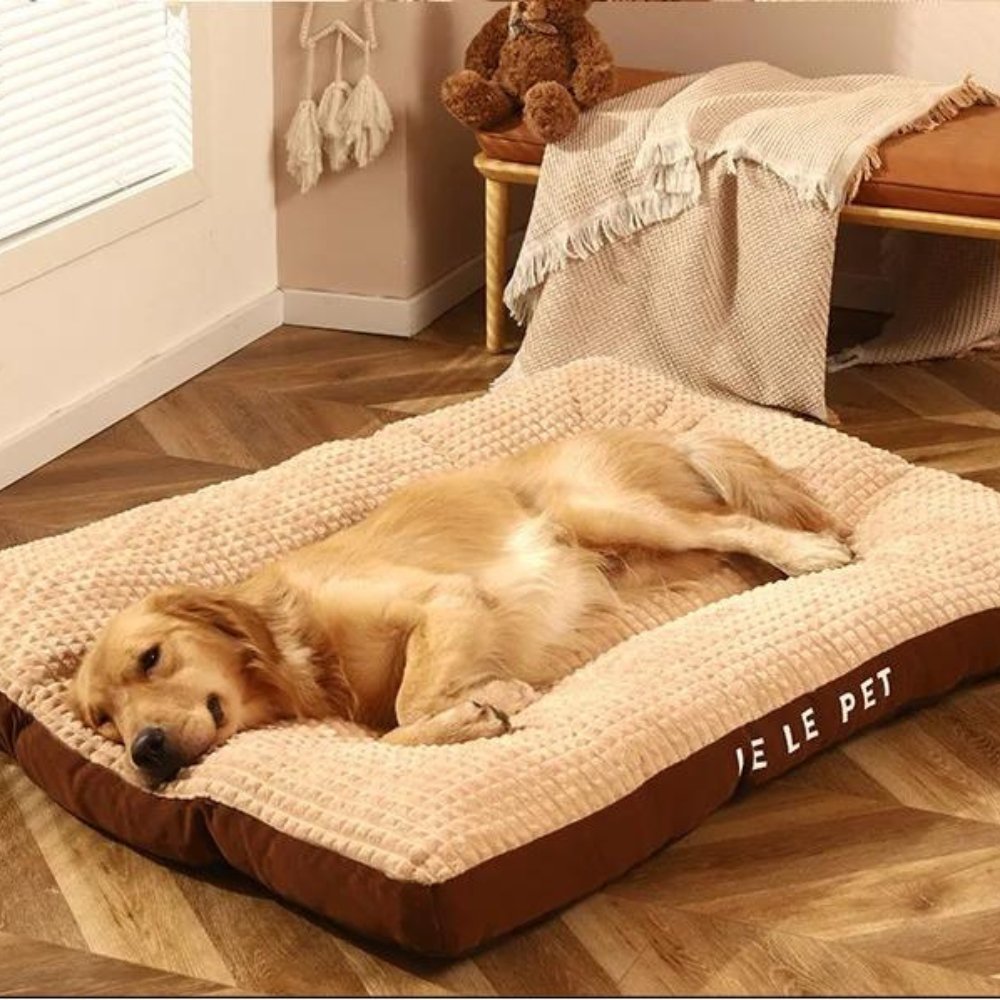 Plush fleece dog mat offers ultimate comfort & warmth. Washable pet bed for restful sleep.