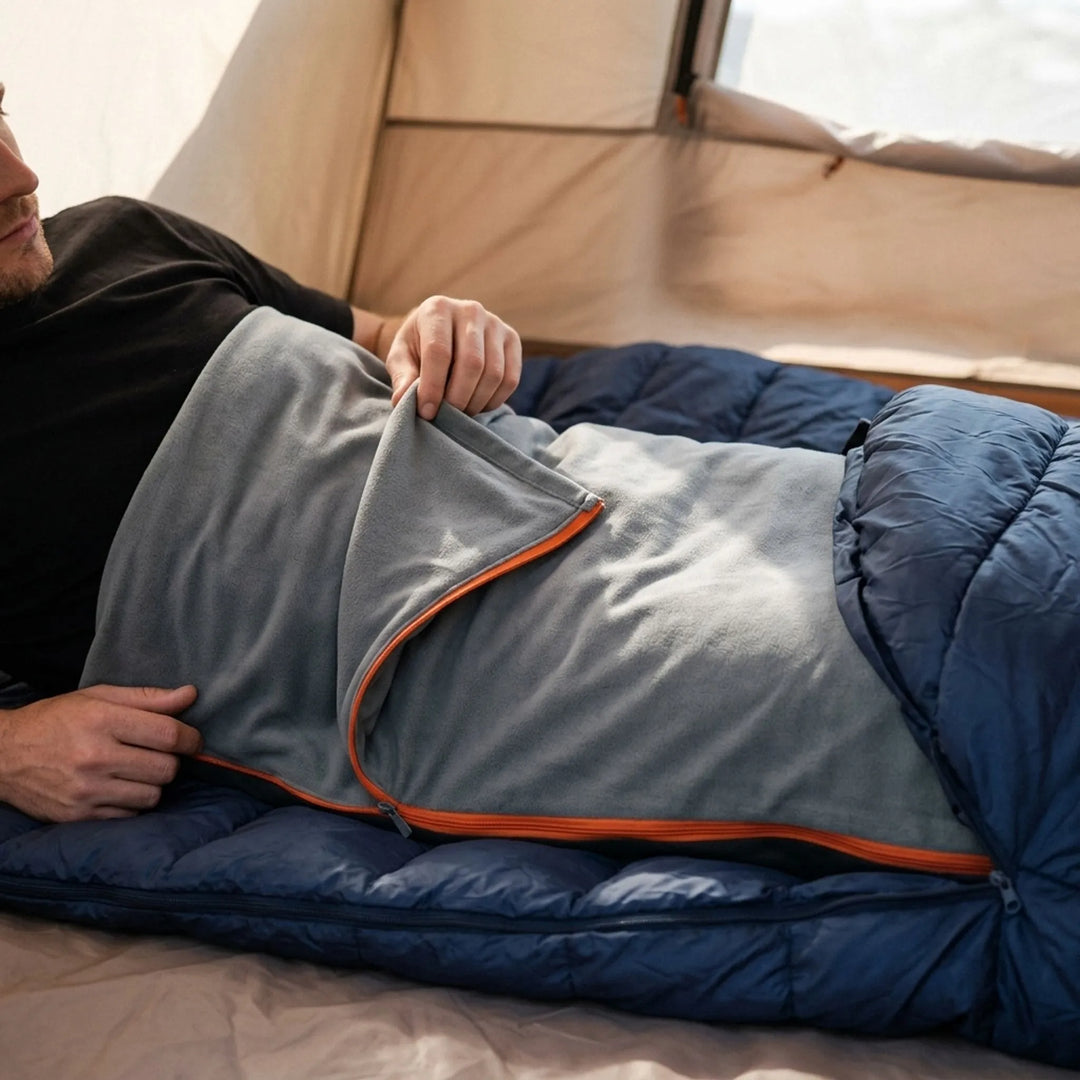 Warm fleece sleeping bag liner for camping and travel, lightweight and compact for outdoor adventures.