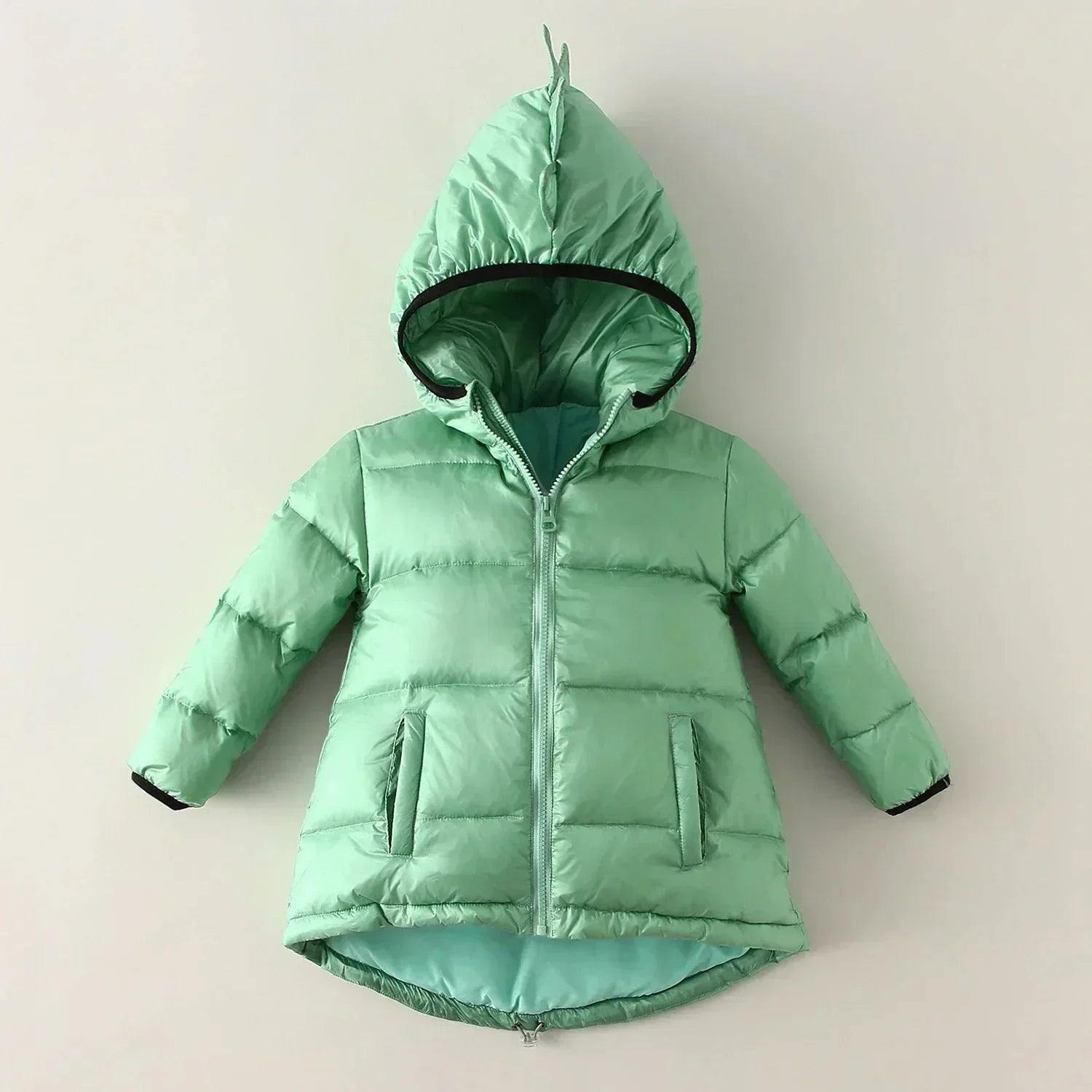 Blue kids' dino puffer jacket for boys & girls, a warm & waterproof winter coat for toddlers.