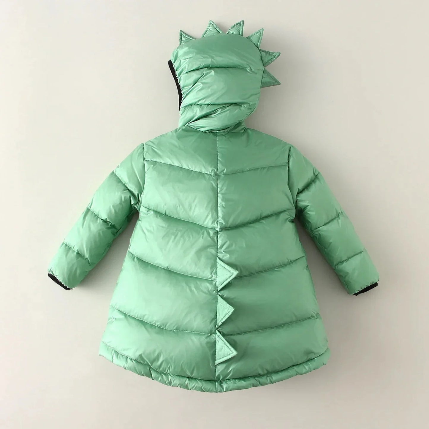 Playful green kids' dino puffer jacket, waterproof & windproof winter outerwear for active children.