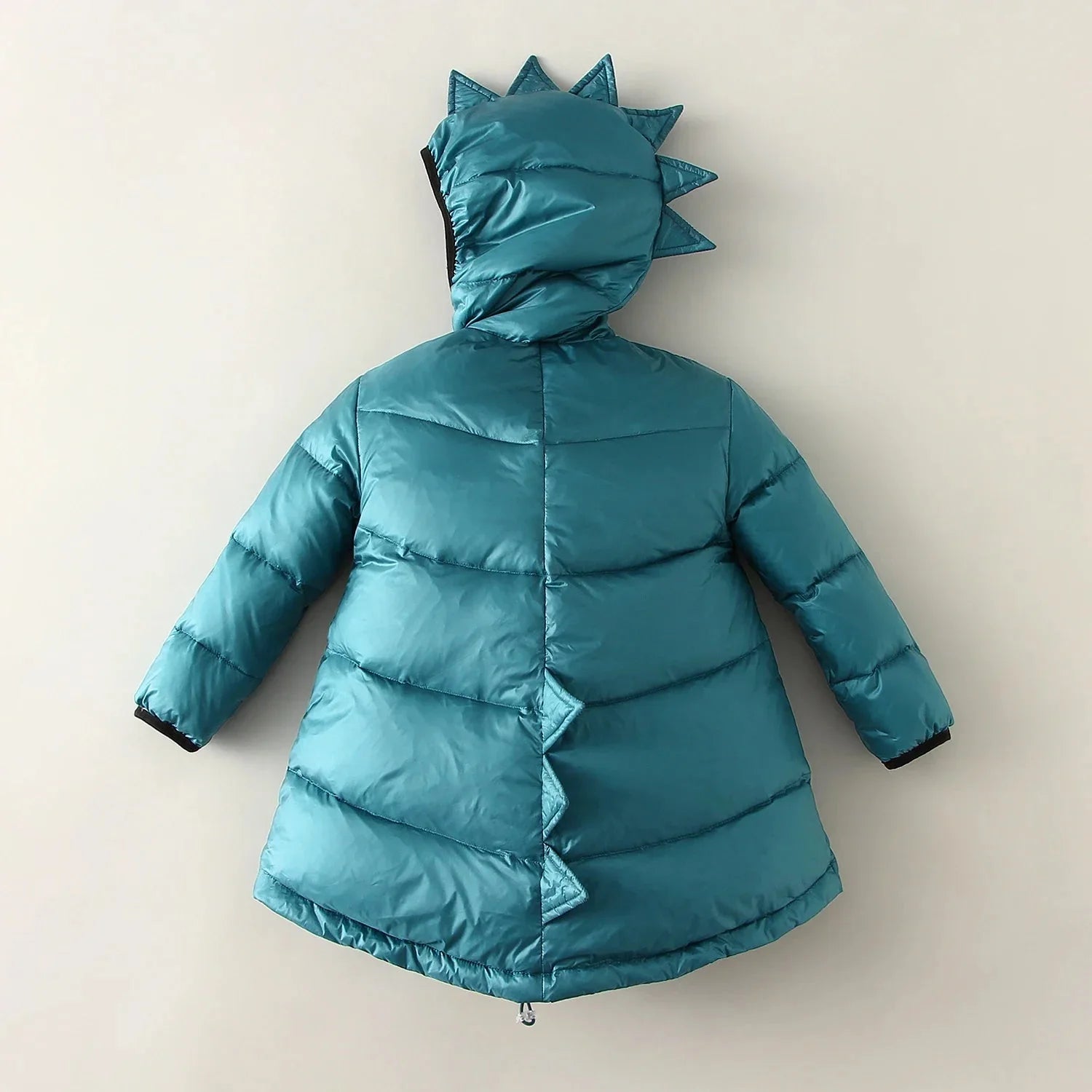 Stylish green dino puffer jacket for kids, a warm & trendy winter coat for outdoor fashion & play.
