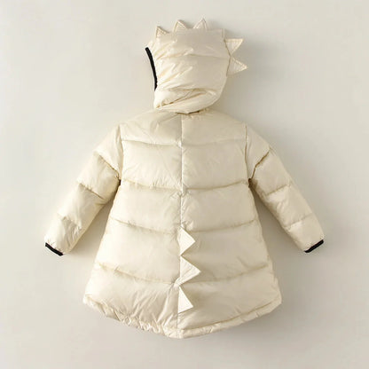 Cozy & warm green dino puffer jacket for children, ideal winter outerwear for chilly weather & outdoor fun.