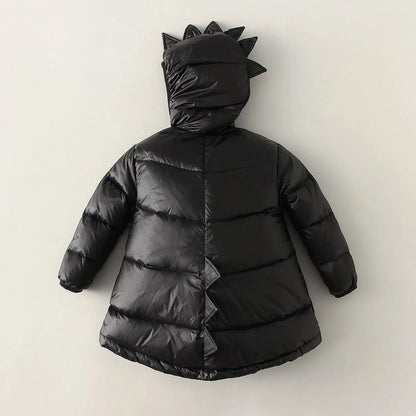 Durable kids' blue dino puffer jacket, windproof & warm, perfect for boys' & girls' winter adventures.