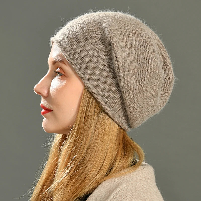 Warm knit beanie hat in taupe, perfect for unisex fall & winter cold weather. Cozy headwear accessory.
