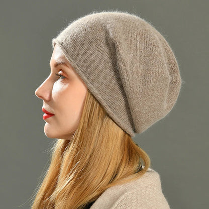 Warm knit beanie hat in taupe, perfect for unisex fall & winter cold weather. Cozy headwear accessory.