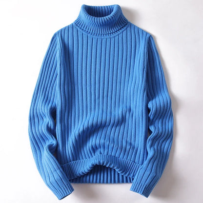 Warm men's ribbed turtleneck sweater, a cozy long-sleeve top perfect for winter fashion.