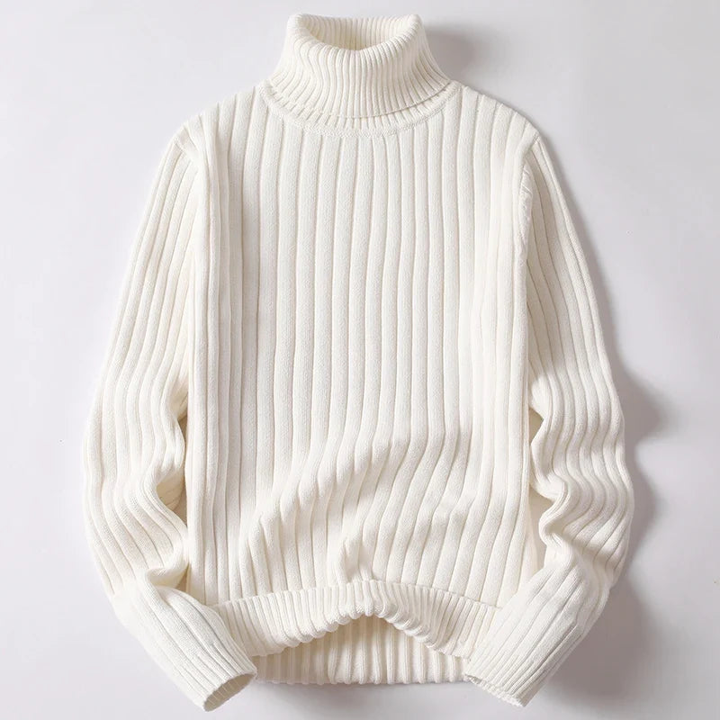 Elegant men's ribbed knit turtleneck sweater, ideal for sophisticated cold weather layering & style.
