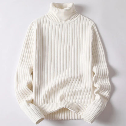 Elegant men's ribbed knit turtleneck sweater, ideal for sophisticated cold weather layering & style.