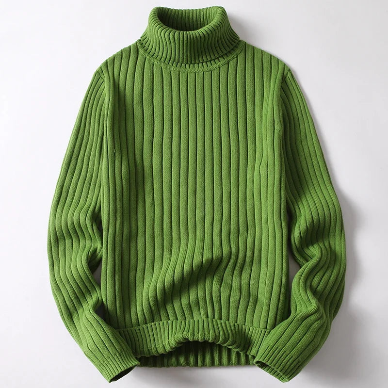 Casual men's long sleeve ribbed turtleneck sweater, a cozy warm top for everyday winter wear.