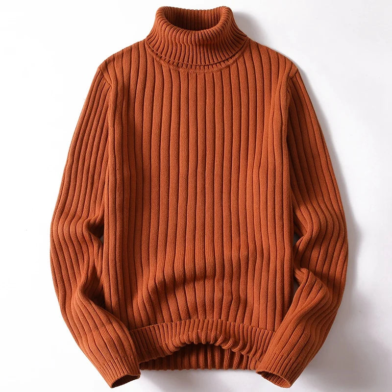 Refined men's ribbed knit turtleneck sweater, offering warmth & an elegant look for cold weather.