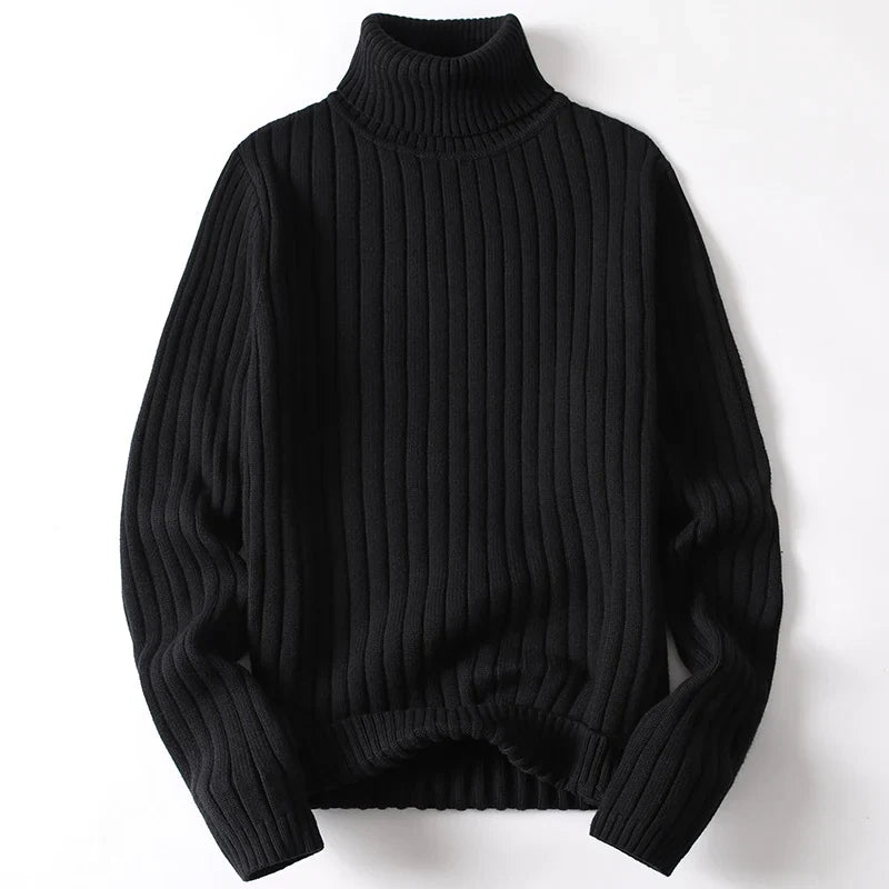 Close-up of a men's ribbed knit turtleneck sweater, highlighting the cozy texture and long sleeves.
