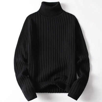 Close-up of a men's ribbed knit turtleneck sweater, highlighting the cozy texture and long sleeves.