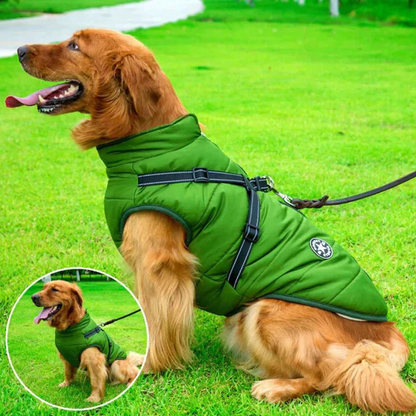 Sherpa-fleece lined dog winter coat, waterproof & warm, with built-in harness for ultimate comfort & security.