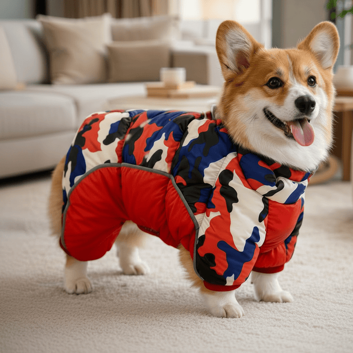 Warm waterproof winter dog jacket with reflective stripes for safety & visibility.