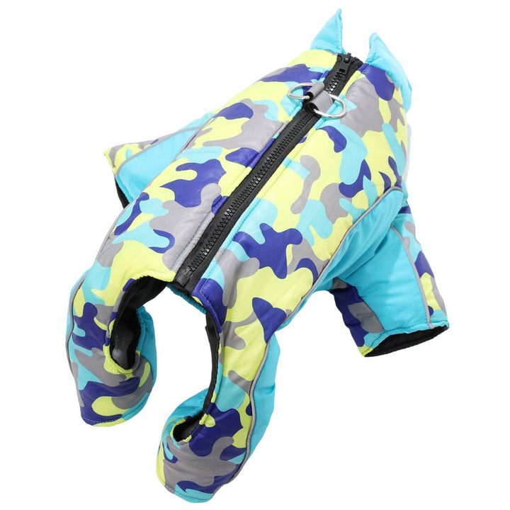 Heavy-duty warm waterproof dog jacket with reflective detailing for pet safety.