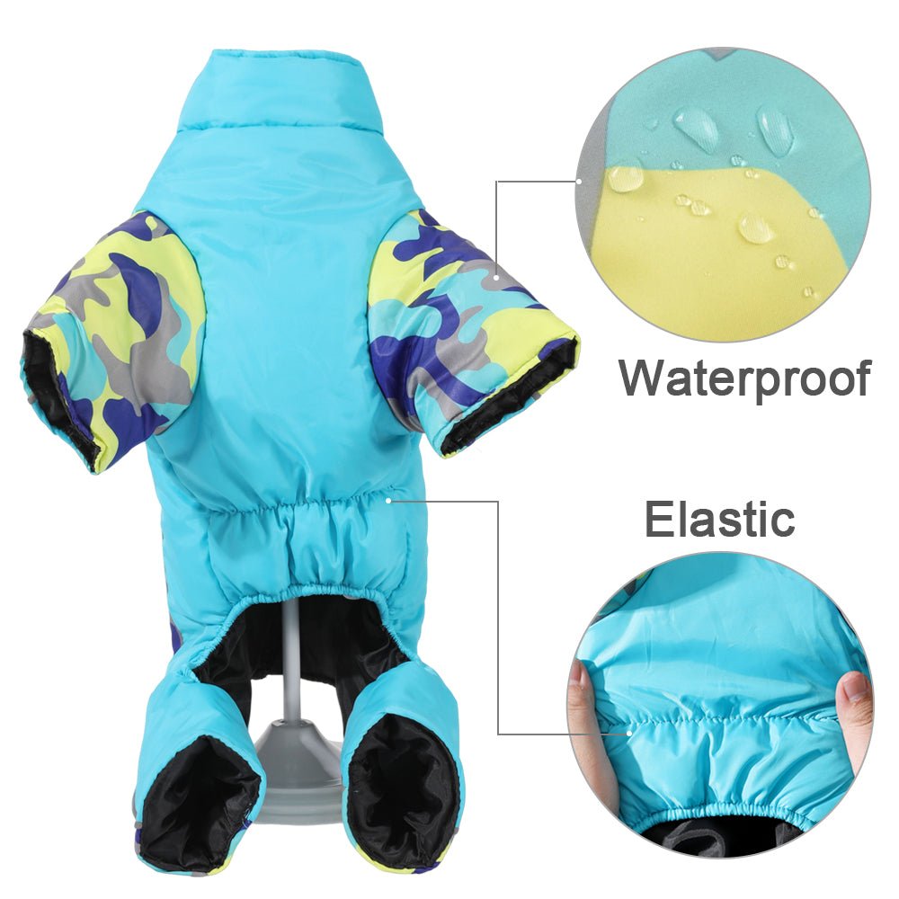 Dog cold weather jacket, waterproof, warm, and reflective for visible protection.