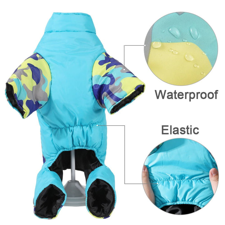 Dog cold weather jacket, waterproof, warm, and reflective for visible protection.