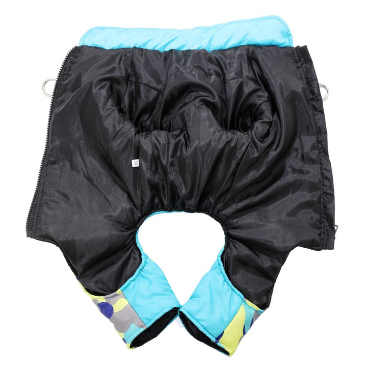 Weather-resistant warm dog jacket with reflective stripes, perfect for outdoor pets.