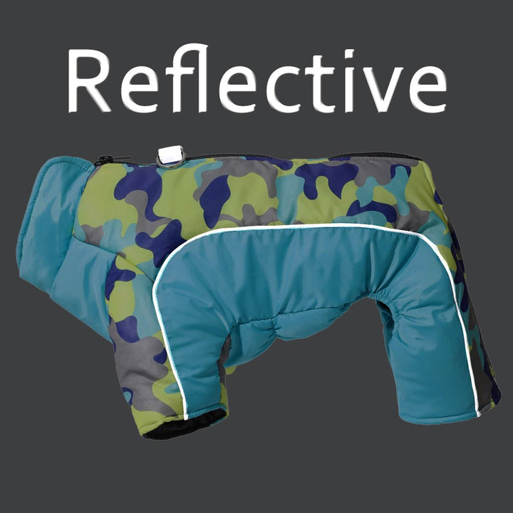 High-visibility warm waterproof dog coat for winter protection and safety.