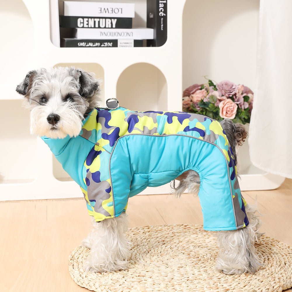 Cozy waterproof dog jacket with reflective stripes, ideal for winter outdoor walks.