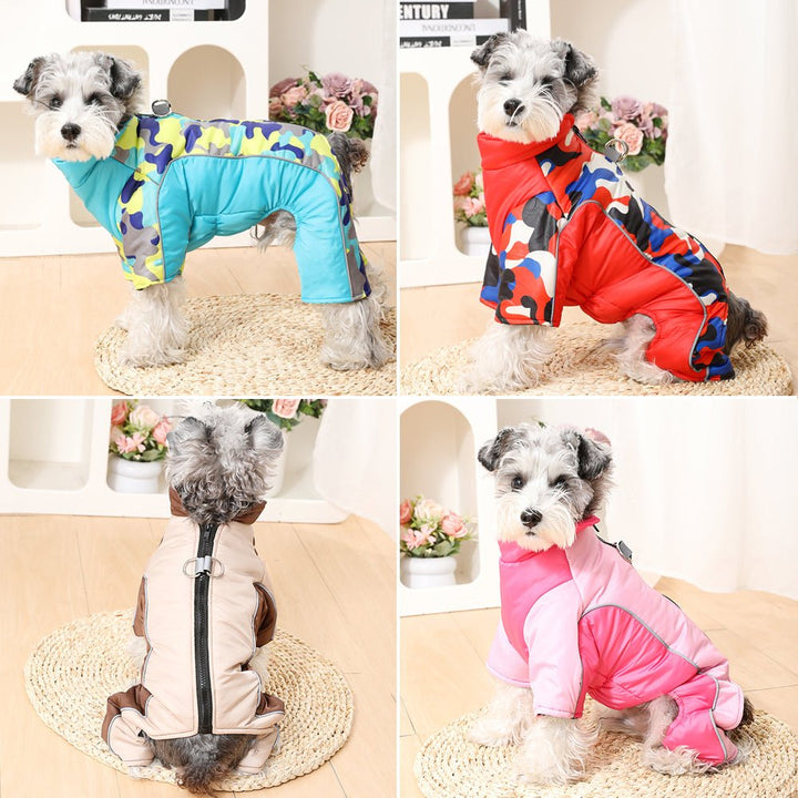 Durable pet winter jacket, waterproof & warm, featuring reflective gear for dog safety.