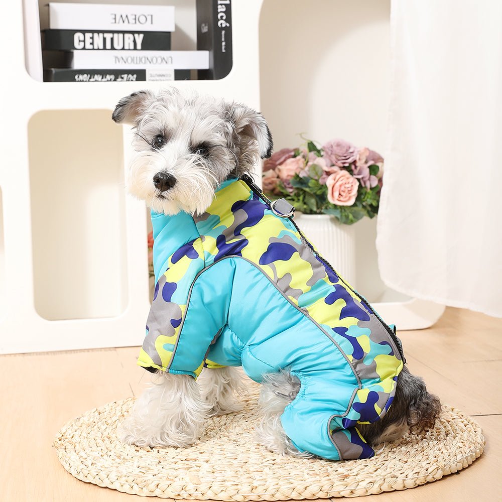 Adjustable warm dog coat, waterproof, with reflective stripes for cold weather protection.