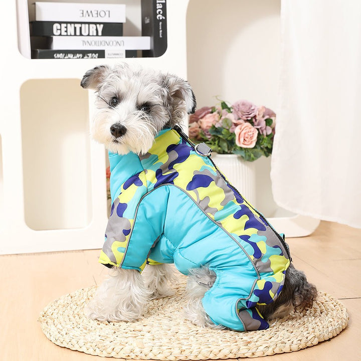 Adjustable warm dog coat, waterproof, with reflective stripes for cold weather protection.
