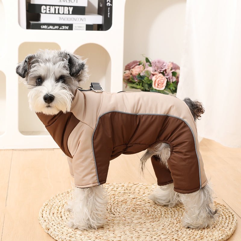 Waterproof dog apparel, warm & reflective, designed for winter outdoor adventures.