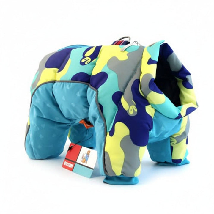 Pet winter clothing, warm, waterproof, with reflective stripes for enhanced visibility.