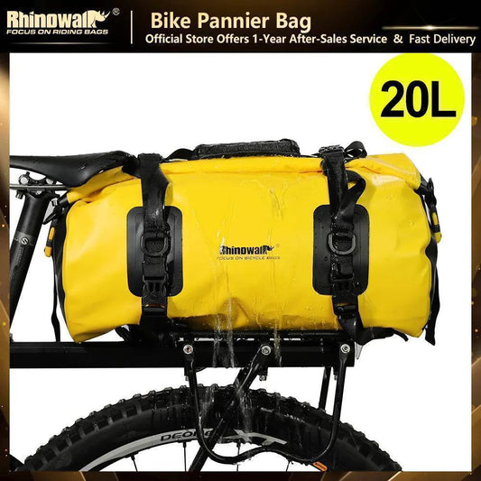 Waterproof cycling pannier bag 20L mounted on a bike rear rack, perfect for road or MTB travel.