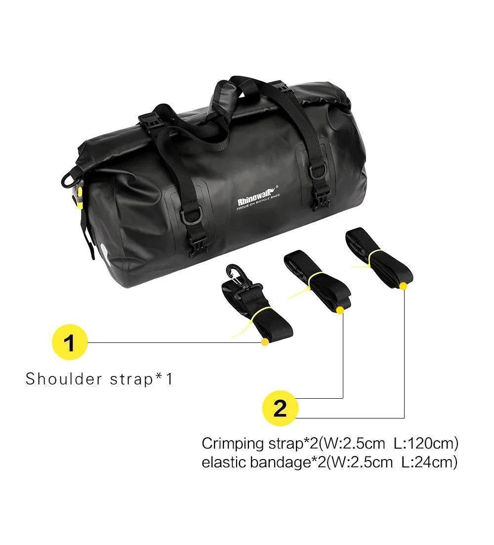 Durable waterproof bike bag, 20L capacity, designed for rear rack mounting on cycling adventures.