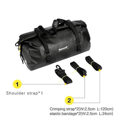 Durable waterproof bike bag, 20L capacity, designed for rear rack mounting on cycling adventures.