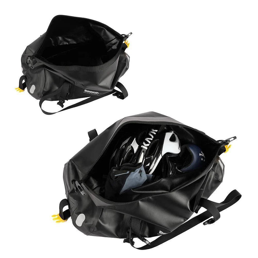 Cycling pannier bag 20L in a bright color, emphasizing its waterproof and rear rack design.