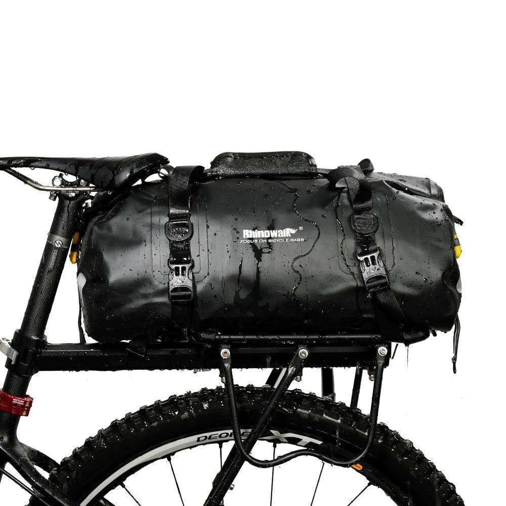 Rear rack bike pannier 20L, empty and open to show spacious interior, suitable for all cycling.