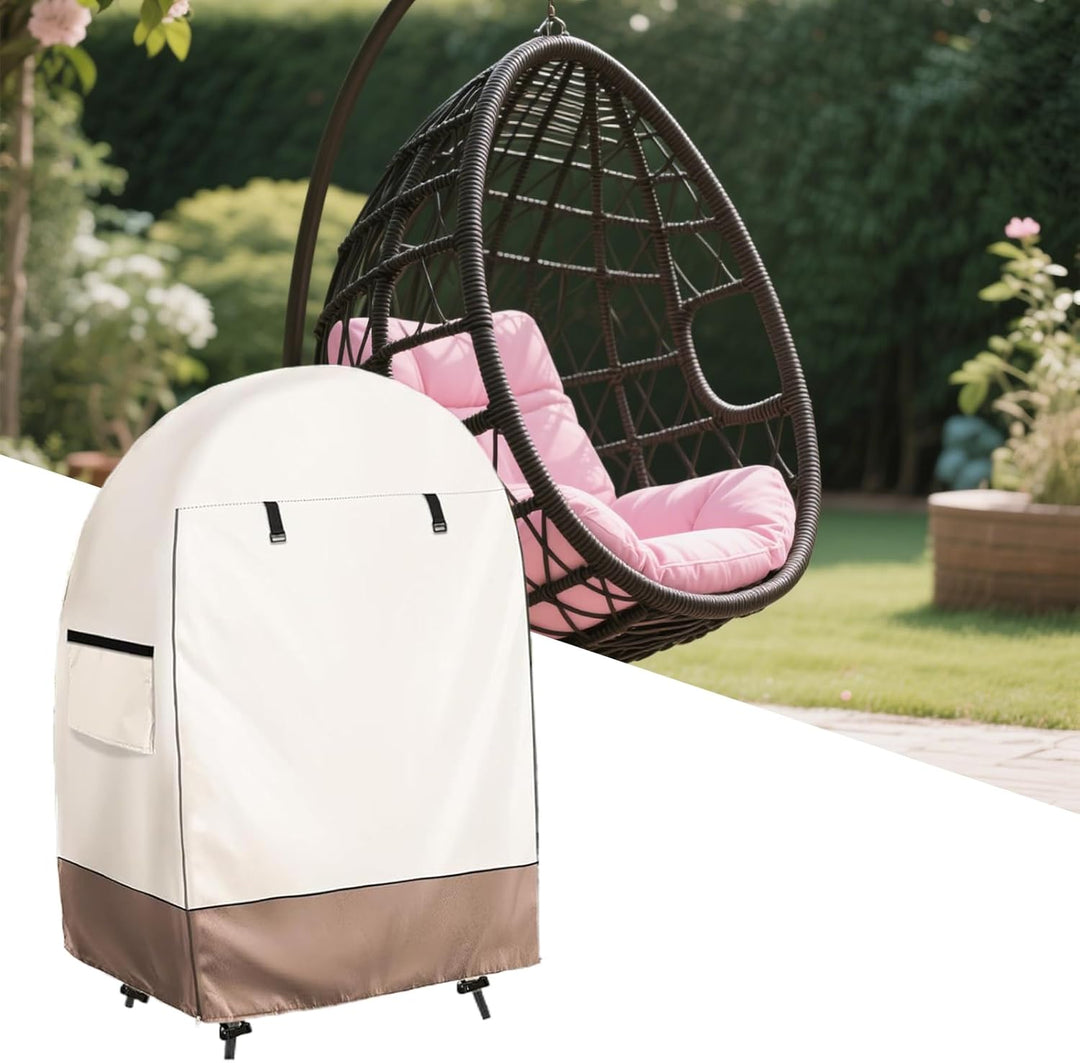 Protective waterproof cover for hanging egg chairs, with a secure double zipper for all-weather use.