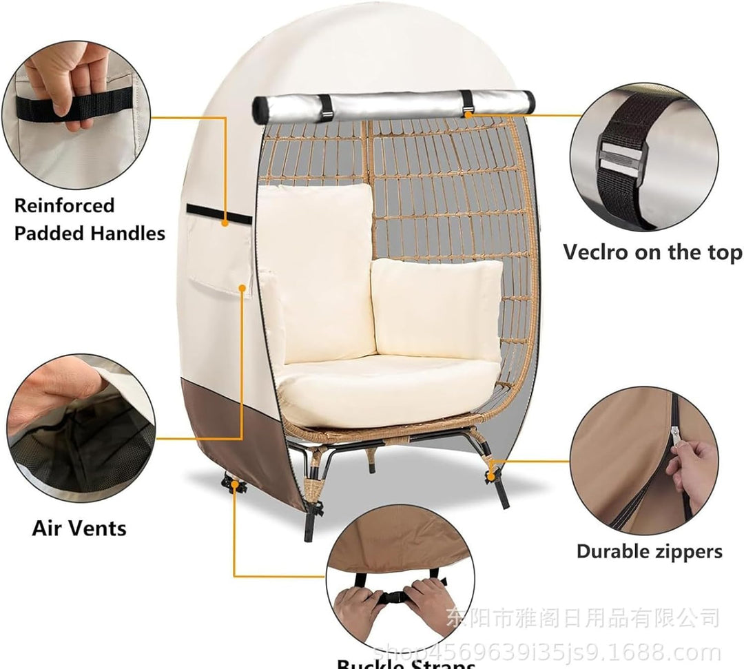 All-weather egg chair cover, waterproof and UV resistant with double zipper for patio protection.
