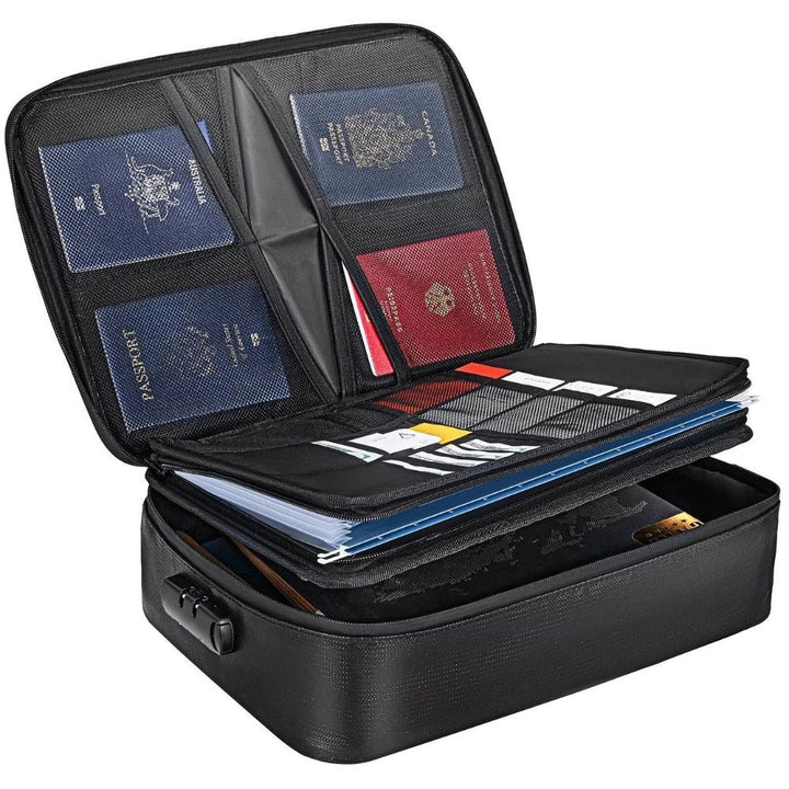 Fire & water resistant safe bag for securing legal documents, passports, cash, and valuables. Home & travel ready.