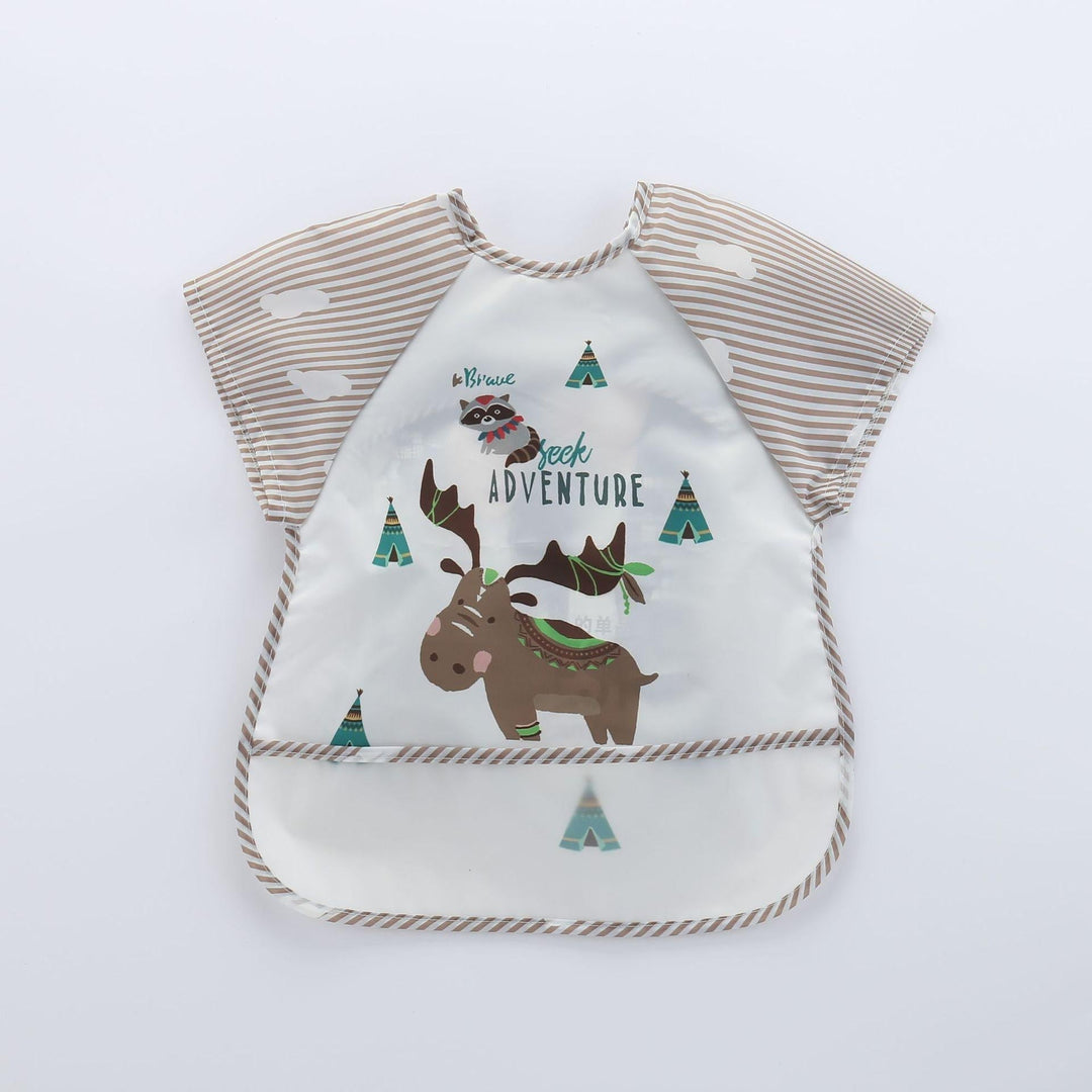 Waterproof long-sleeve baby bib for mess-free infant feeding & mealtime. Easy clean toddler apparel.