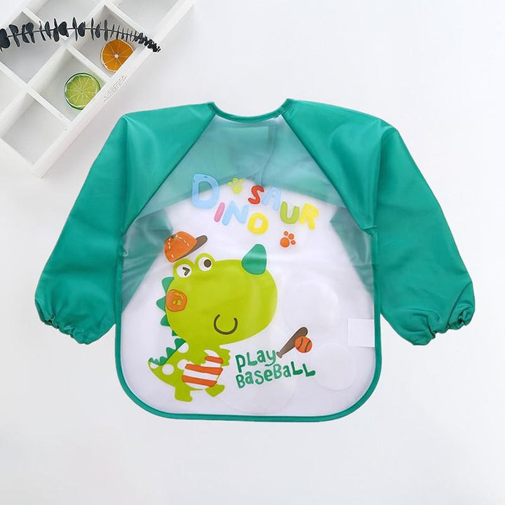 Durable waterproof baby bib with sleeves, designed for easy clean-up after messy meals.