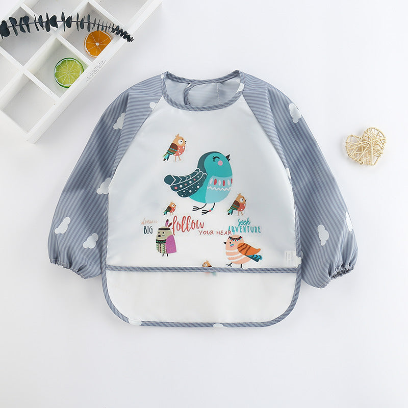 Full coverage waterproof baby bib with long sleeves, ideal for messy toddler mealtimes.