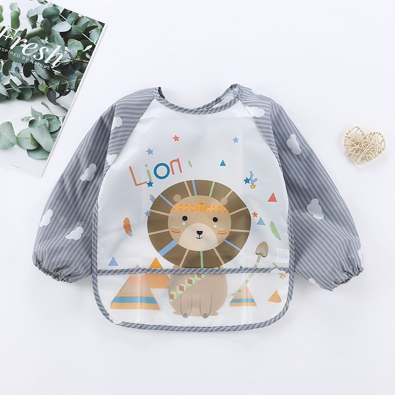 Durable waterproof baby bib with full arm sleeves for infant and toddler mealtime protection.
