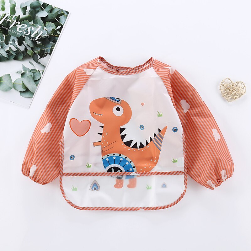 Full coverage waterproof baby bib with long sleeves, ideal for messy eating & art activities.